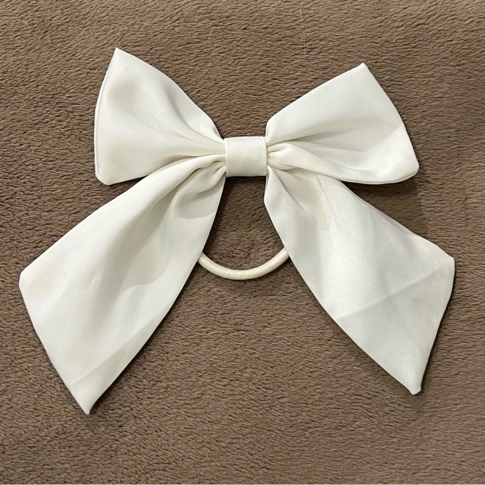 Elegant Satin Bow Hair Tie Lot of 2 Girly Ponytail Holders Black Off White